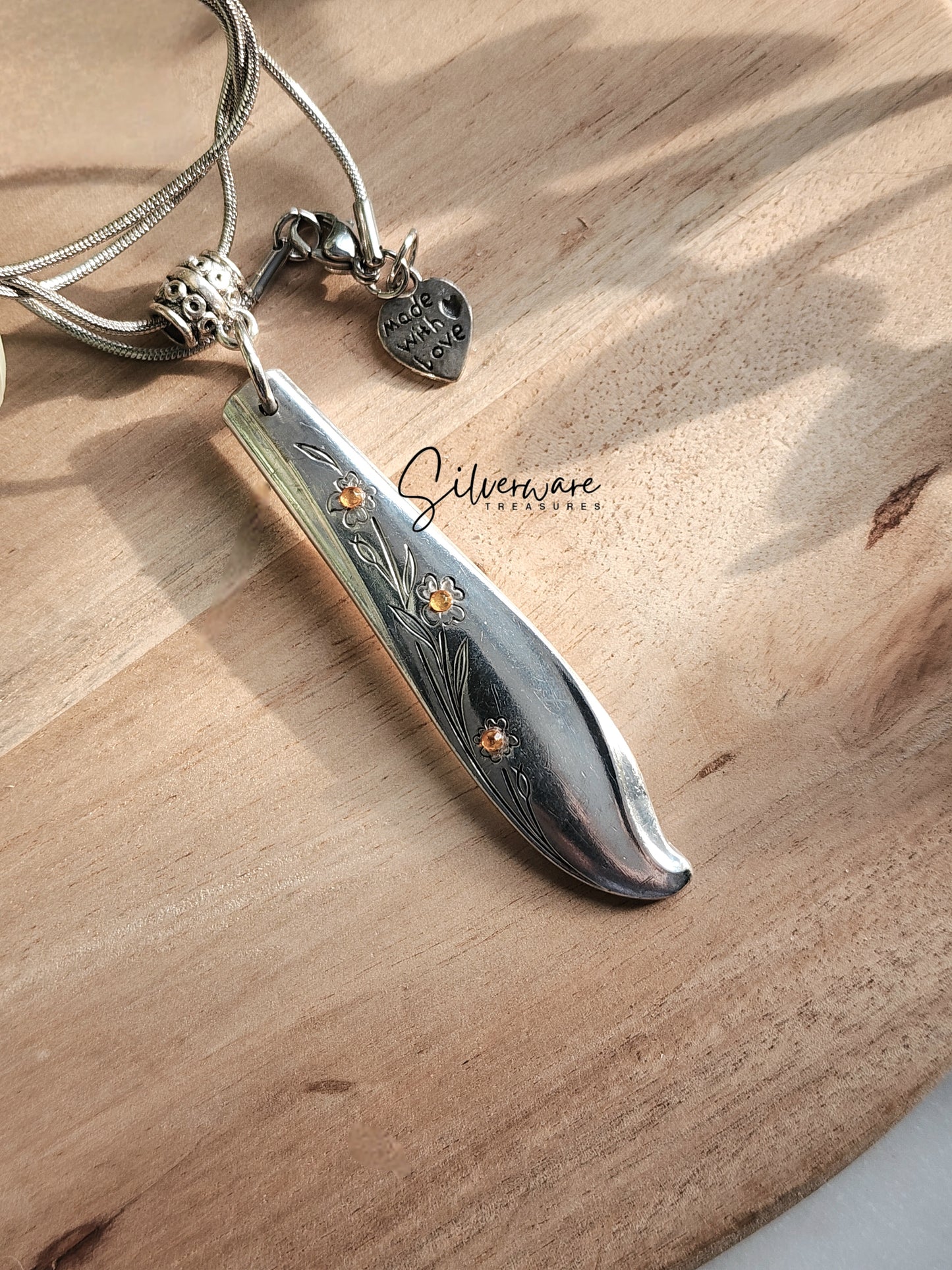 Springtime Engraved 1957 Silverplated Pendant Necklace Featuring Yellow Crystal Accents
