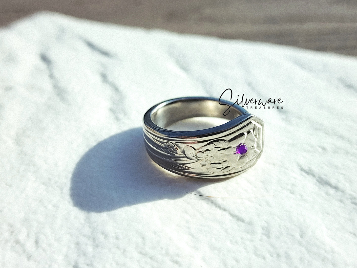 1982 Stainless Avon Plum Ring Featuring Crystal Accent