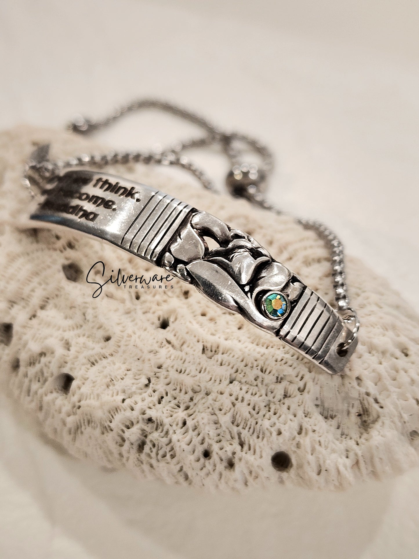 1948 'Morning Star' Silver-plated Bracelet Featuring Crystal Rivet & Engraved Buddha Quote