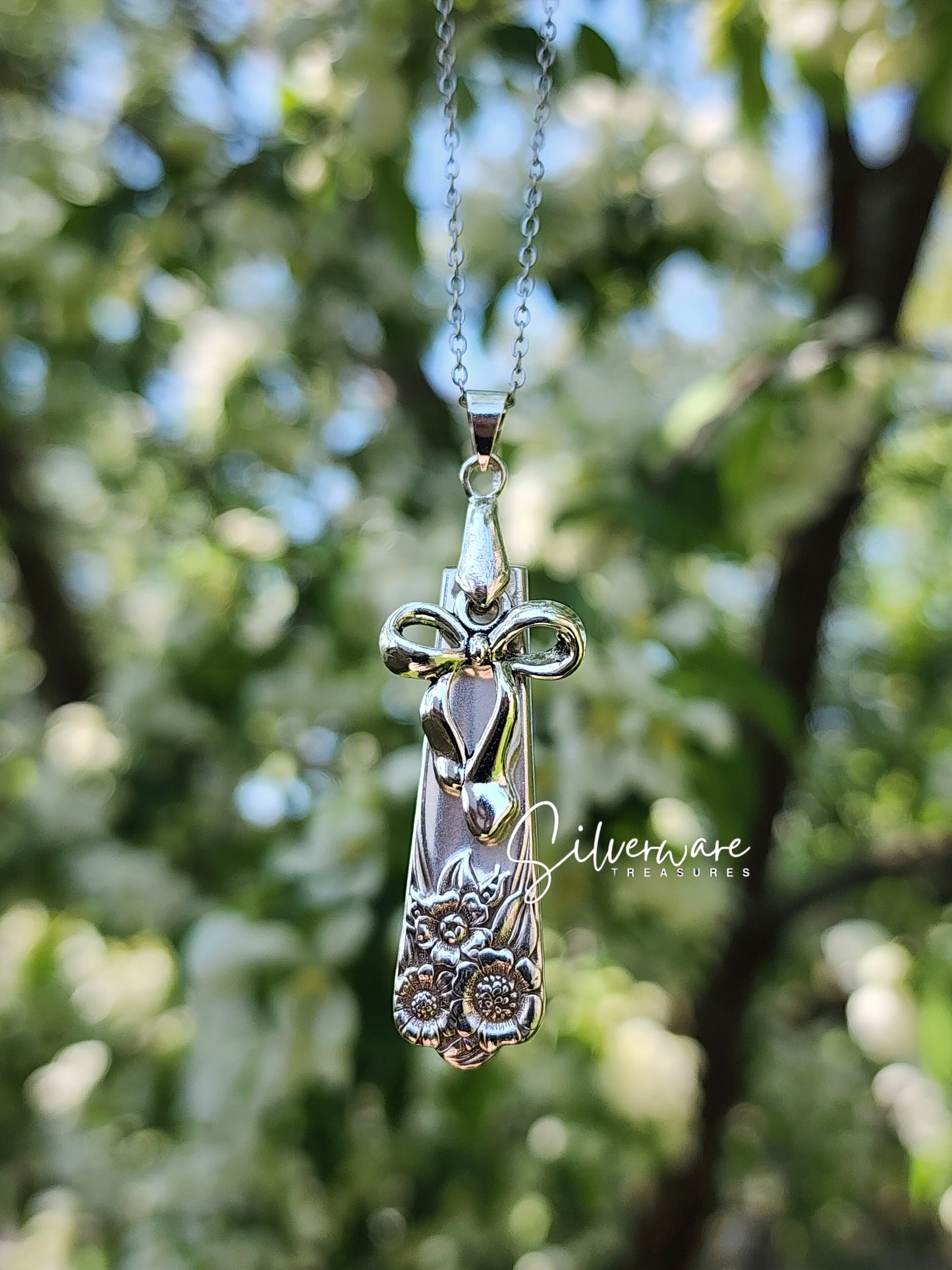 1950 'April' Rare Silverplated Pendant Necklace with Bow Charm