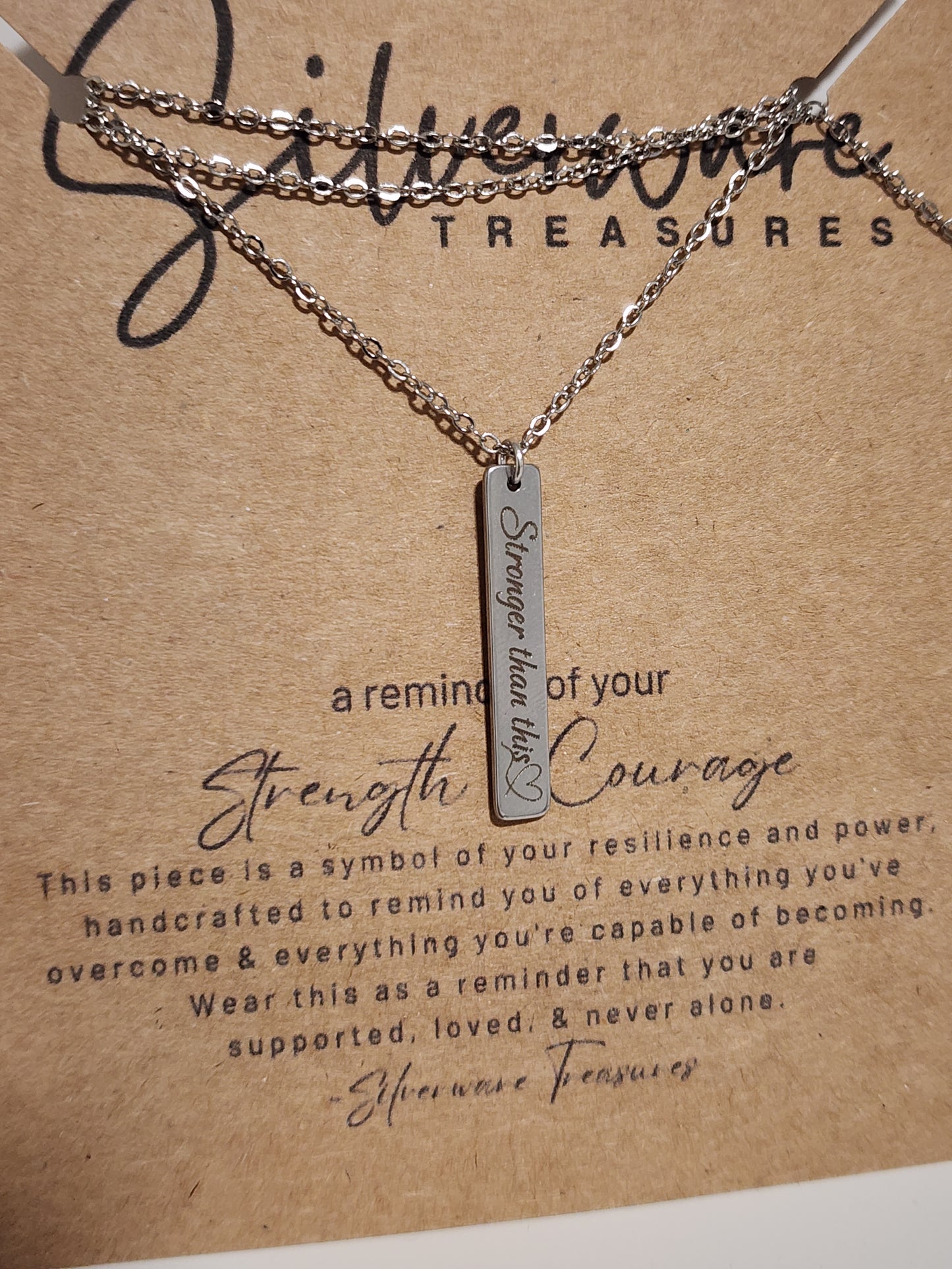 Strength + Courage Pendant Necklace Featuring "Stronger than this♡" Engraving and Resilience Poem (large card)