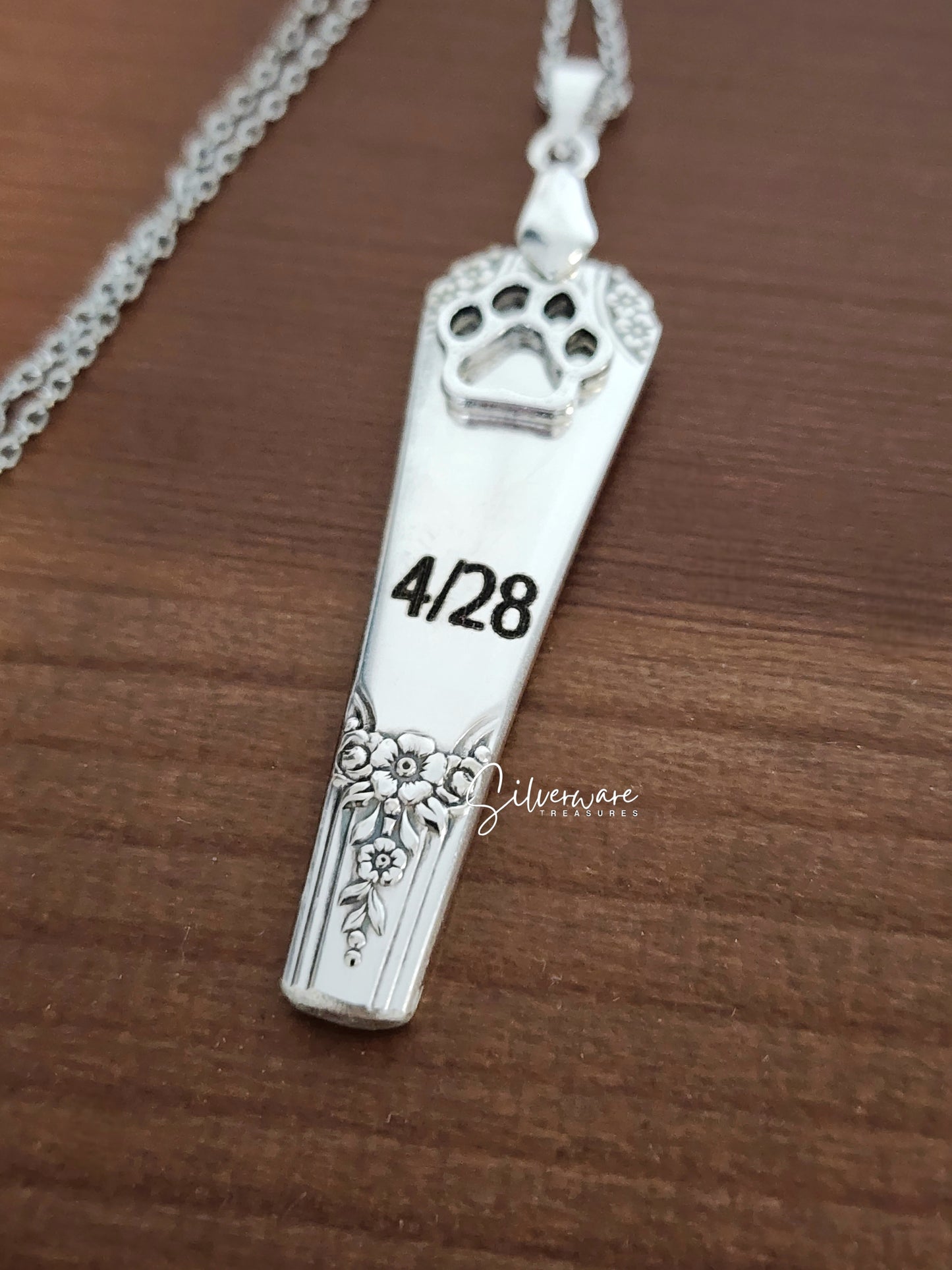 'Rio' 1939 Silverplated Pendant necklace with paw charm and 4/28 engraving - Custom Order