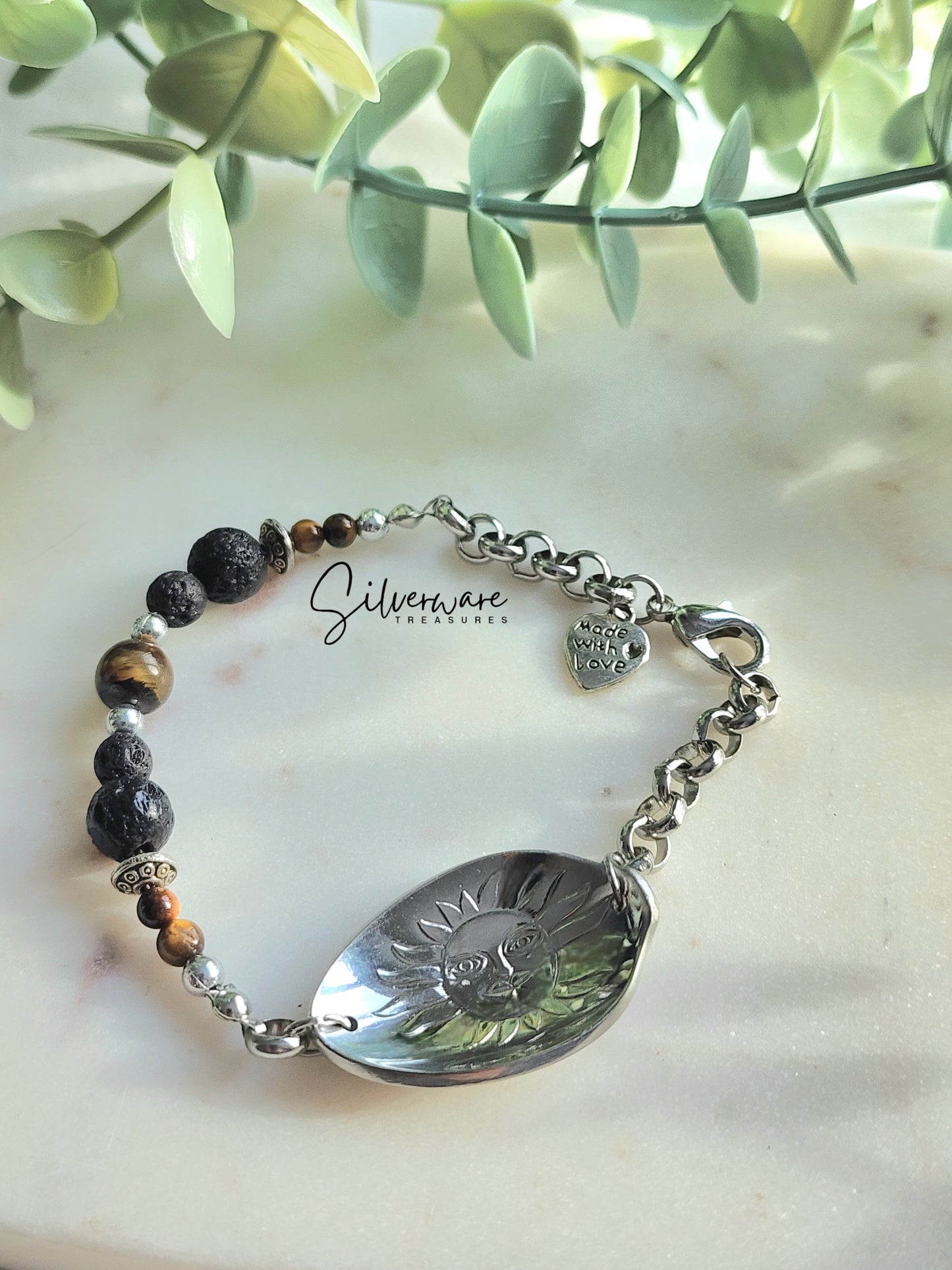 Rolex Sun 1950 Silverplated Bracelet w/ lava beads & tiger's eye stones