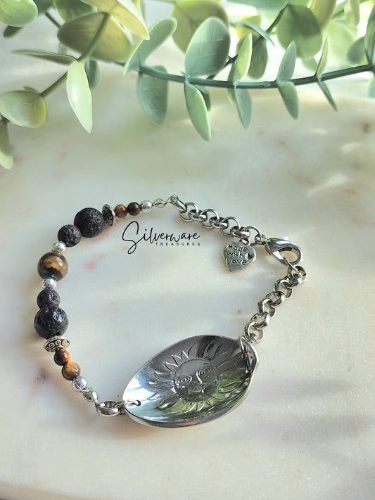 Rolex Sun 1950 Silverplated Bracelet w/ lava beads & tiger's eye stones