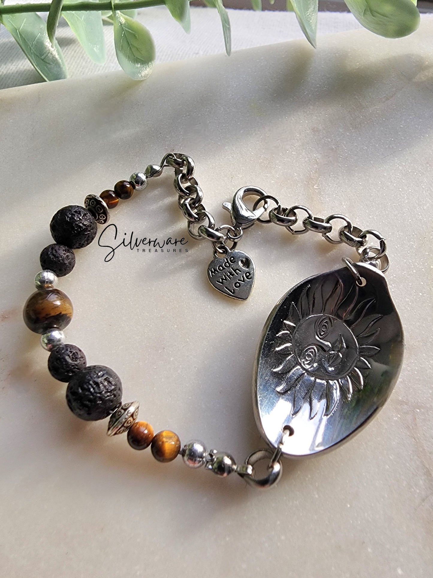 Rolex Sun 1950 Silverplated Bracelet w/ lava beads & tiger's eye stones