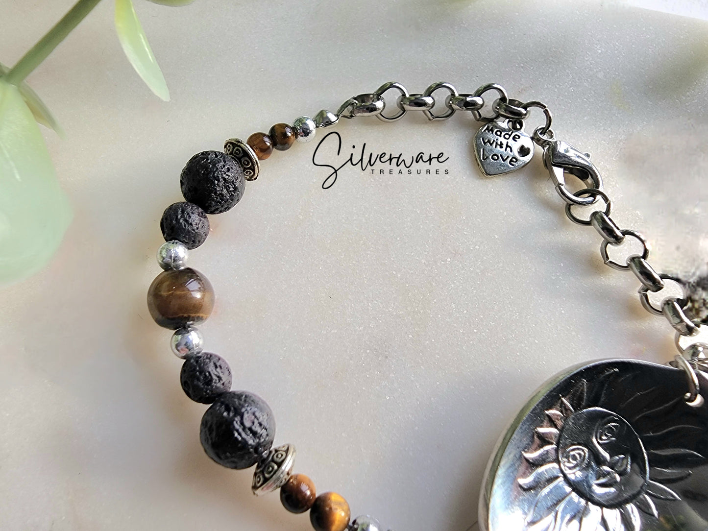 Rolex Sun 1950 Silverplated Bracelet w/ lava beads & tiger's eye stones