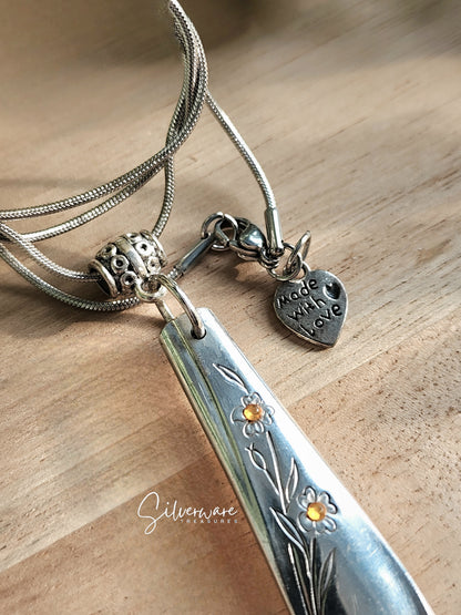 Springtime Engraved 1957 Silverplated Pendant Necklace Featuring Yellow Crystal Accents
