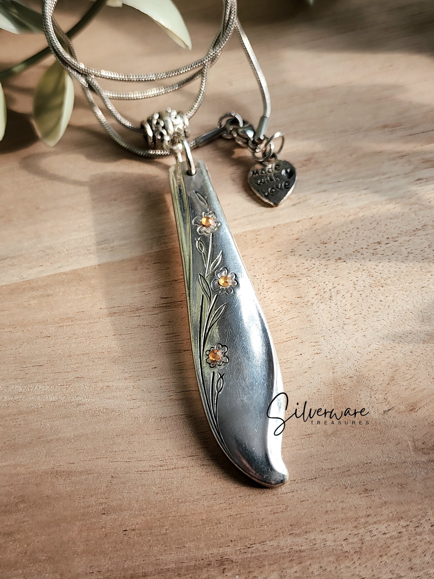 Springtime Engraved 1957 Silverplated Pendant Necklace Featuring Yellow Crystal Accents