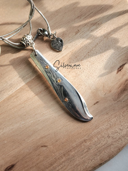 Springtime Engraved 1957 Silverplated Pendant Necklace Featuring Yellow Crystal Accents