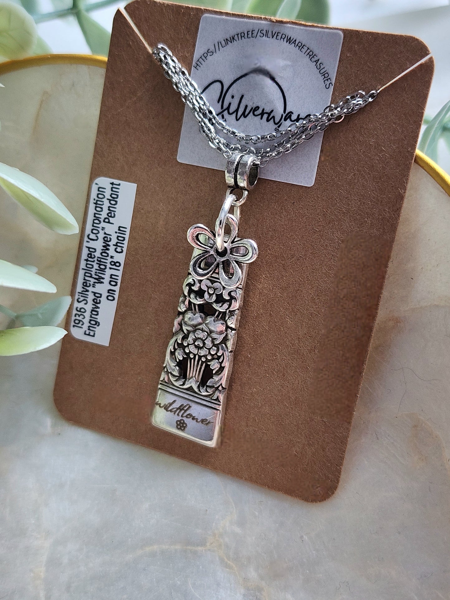 Wildflower Engraved Coronation 1936 Silverplated Floral Pendant with Charm