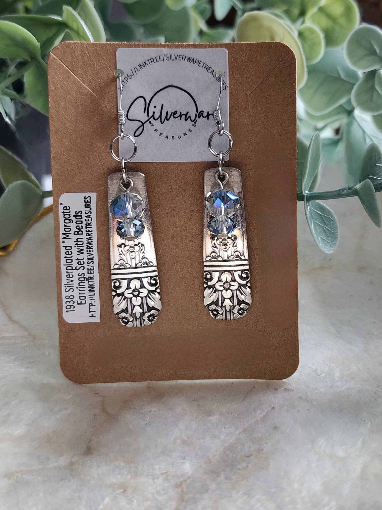 Margate 1938 Silverplated Earrings with blue beads