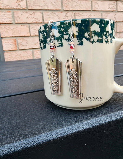 Rosalie 1938 Silverplated Floral Earrings with pink beads