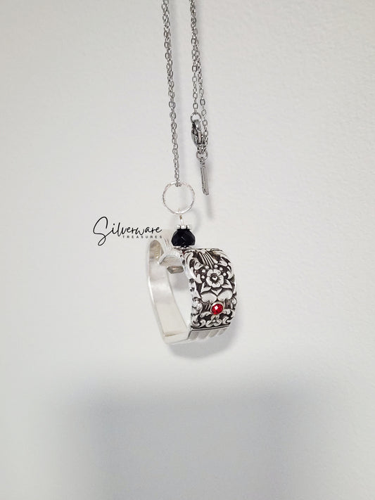 1936 'Coronation' Silverplate Heart with Ruby Crystal Rivet and Black Onyx Bead - Custom Order