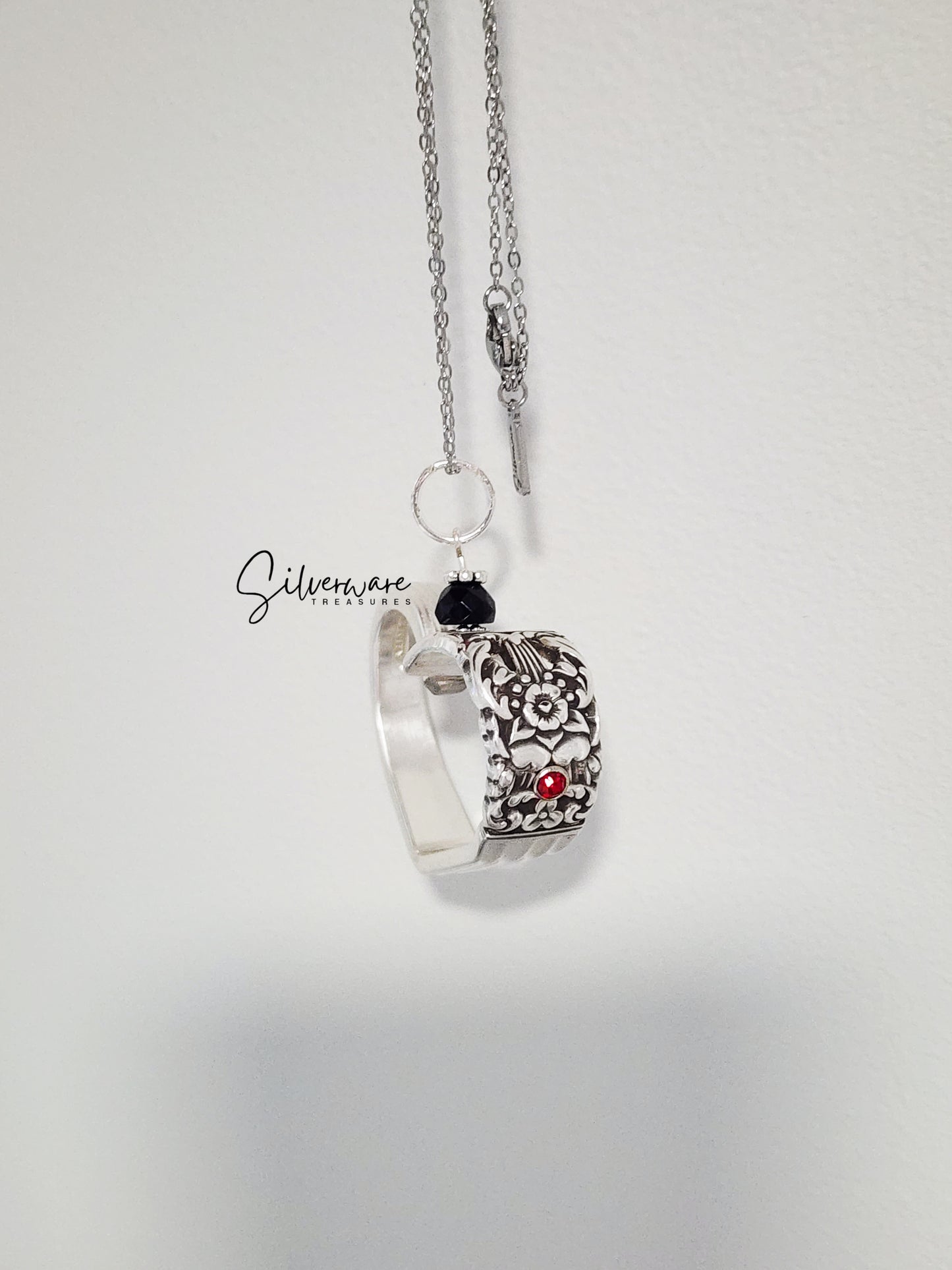 1936 'Coronation' Silverplate Heart with Ruby Crystal Rivet and Black Onyx Bead - Custom Order