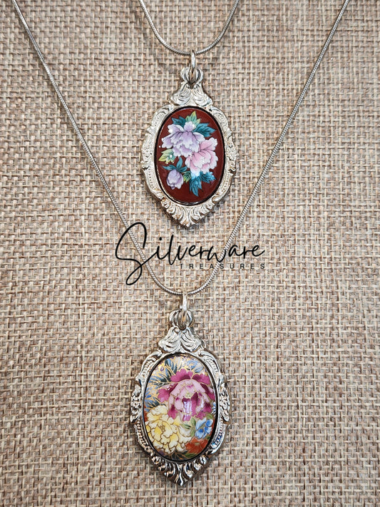 Vintage Floral Enamel Pendant Necklace - 2 varieties
