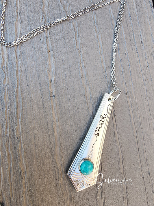 1930's Silverplated Aurora (Rare) Engraved Necklace Pendant with Stone Rivet