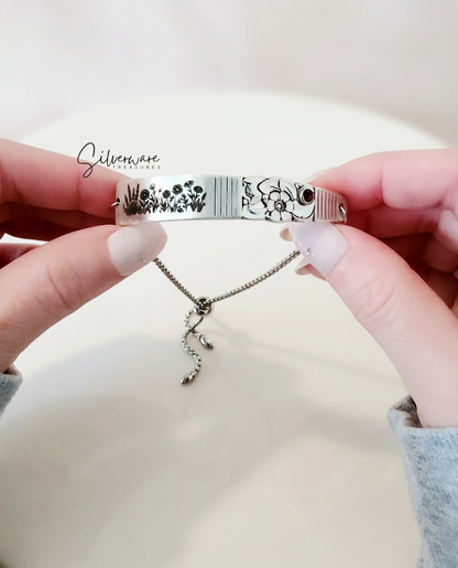 1948 'Morning Star' Silver-plated Bracelet featuring Crystal Rivet and Hand Drawn Wild Flower Engravings