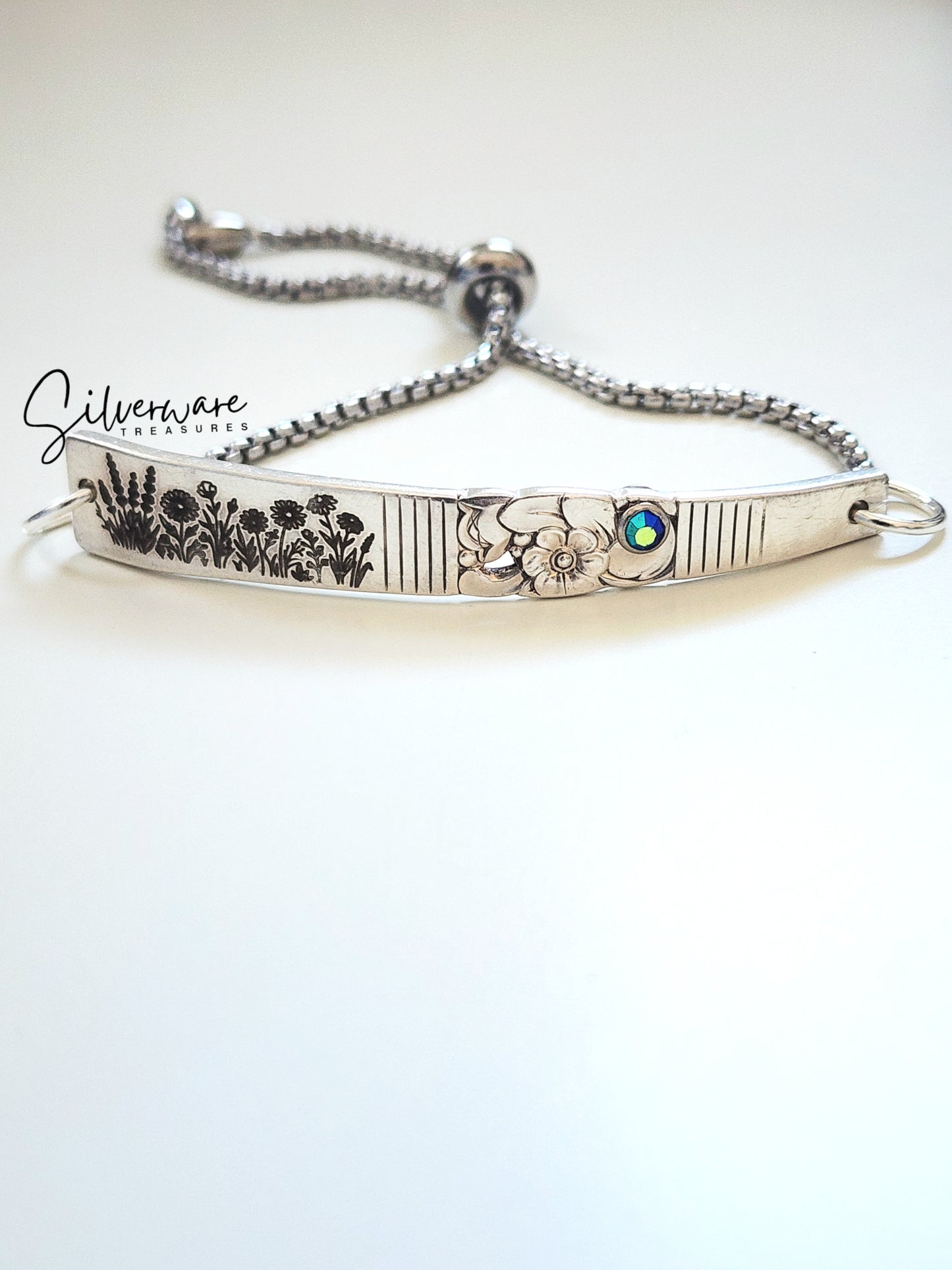1948 'Morning Star' Silver-plated Bracelet featuring Crystal Rivet and Hand Drawn Wild Flower Engravings