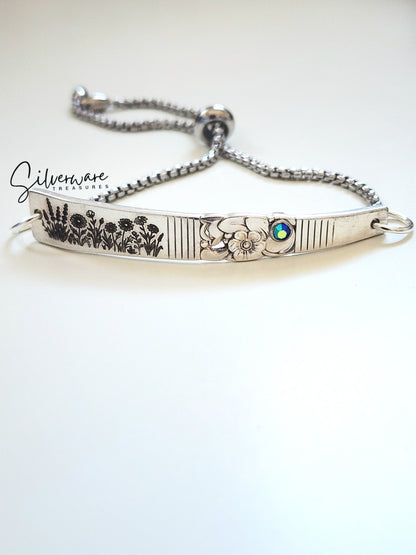 1948 'Morning Star' Silver-plated Bracelet featuring Crystal Rivet and Hand Drawn Wild Flower Engravings
