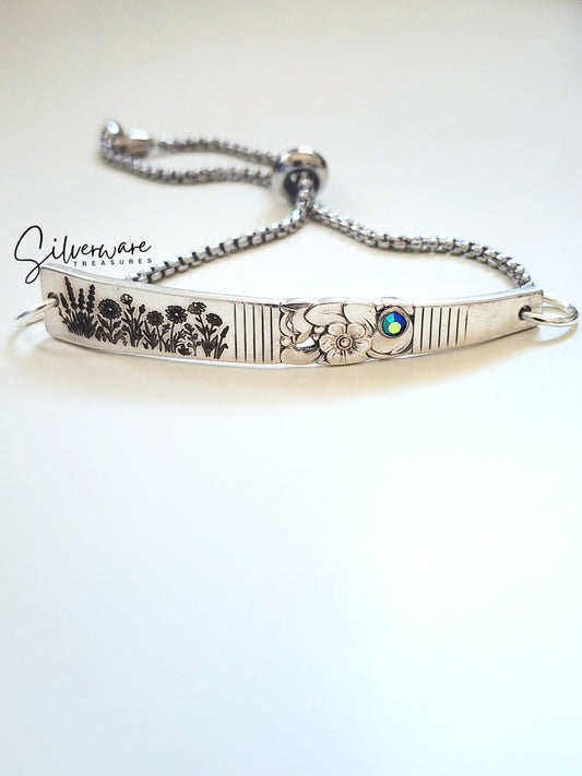 1948 'Morning Star' Silver-plated Bracelet featuring Crystal Rivet and Hand Drawn Wild Flower Engravings