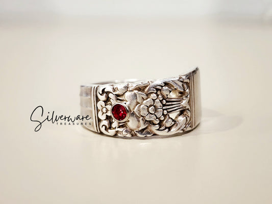1936 'Coronation' Silverplated Ring with Red Crystal Rivet and Custom Inner Band Engraving