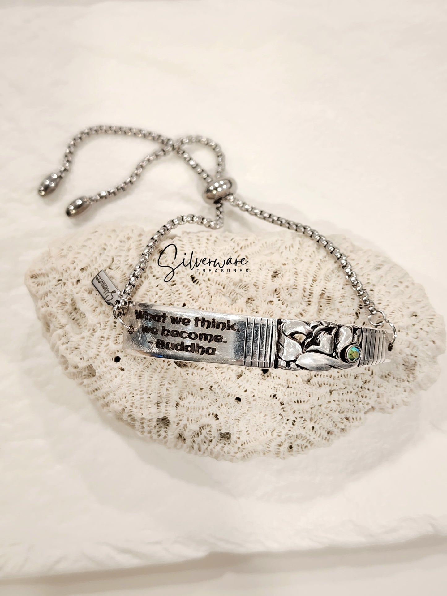 1948 'Morning Star' Silver-plated Bracelet Featuring Crystal Rivet & Engraved Buddha Quote