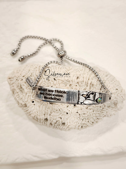 1948 'Morning Star' Silver-plated Bracelet Featuring Crystal Rivet & Engraved Buddha Quote