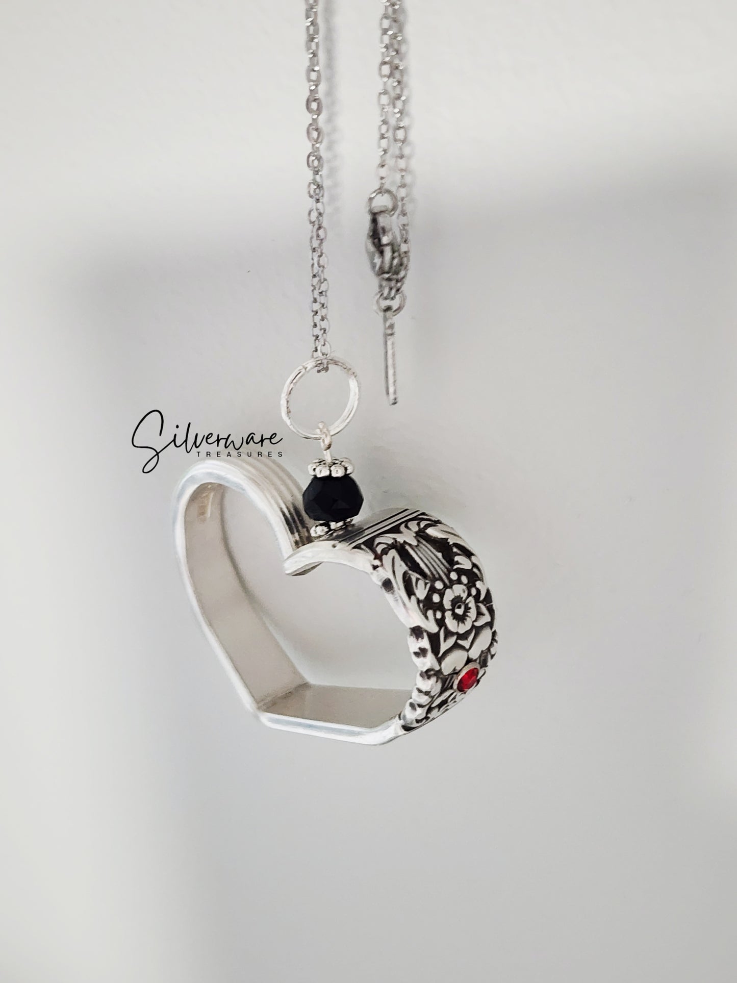 1936 'Coronation' Silverplate Heart with Ruby Crystal Rivet and Black Onyx Bead - Custom Order