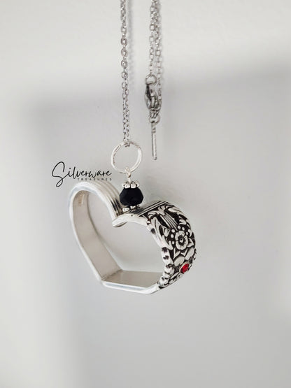 1936 'Coronation' Silverplate Heart with Ruby Crystal Rivet and Black Onyx Bead - Custom Order