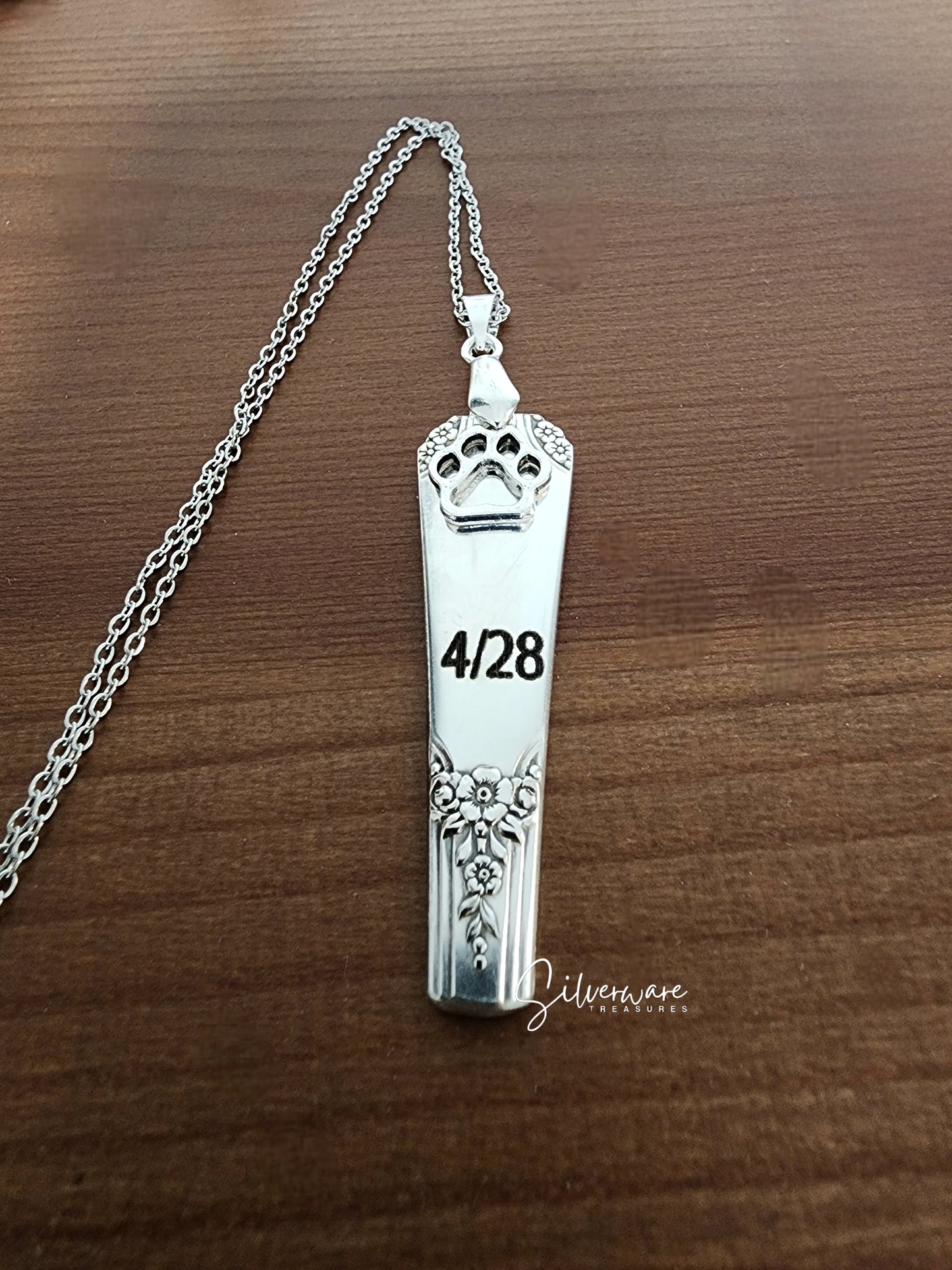 'Rio' 1939 Silverplated Pendant necklace with paw charm and 4/28 engraving - Custom Order