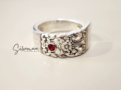 1936 'Coronation' Silverplated Ring with Red Crystal Rivet and Custom Inner Band Engraving