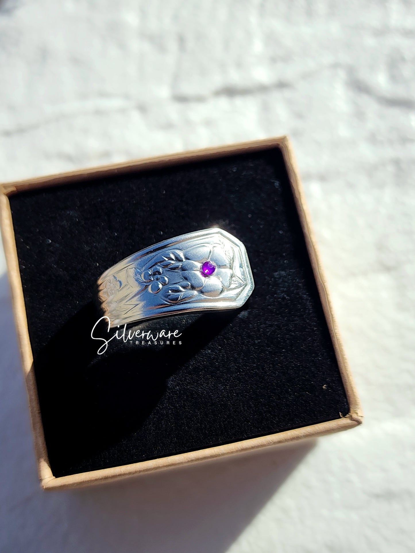 1982 Stainless Avon Plum Ring Featuring Crystal Accent