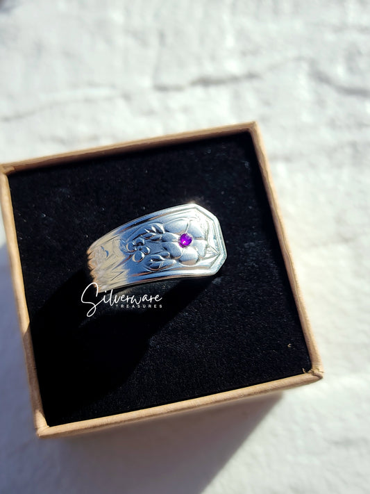 1982 Stainless Avon Plum Ring Featuring Crystal Accent