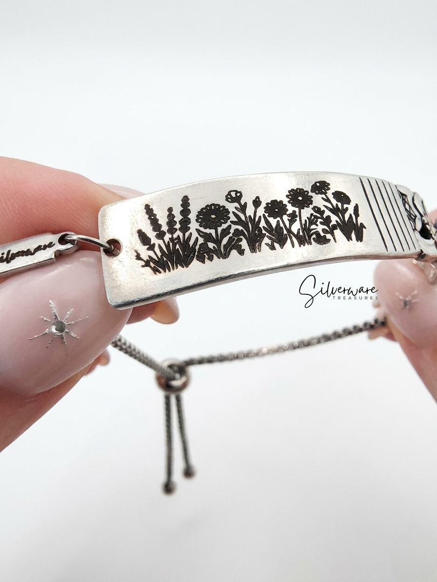 1948 'Morning Star' Silver-plated Bracelet featuring Crystal Rivet and Hand Drawn Wild Flower Engravings