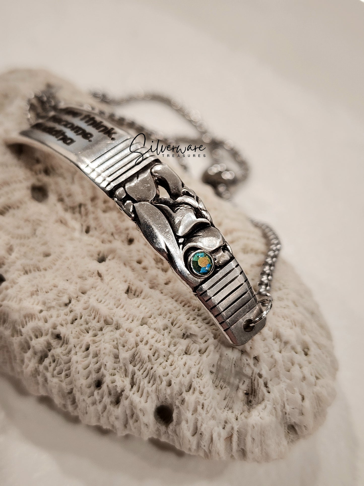 1948 'Morning Star' Silver-plated Bracelet Featuring Crystal Rivet & Engraved Buddha Quote