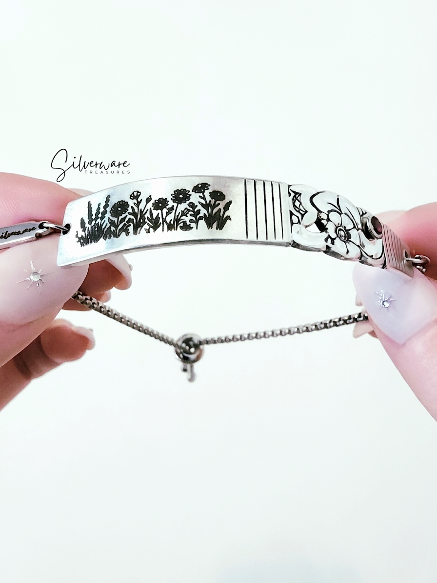 1948 'Morning Star' Silver-plated Bracelet featuring Crystal Rivet and Hand Drawn Wild Flower Engravings