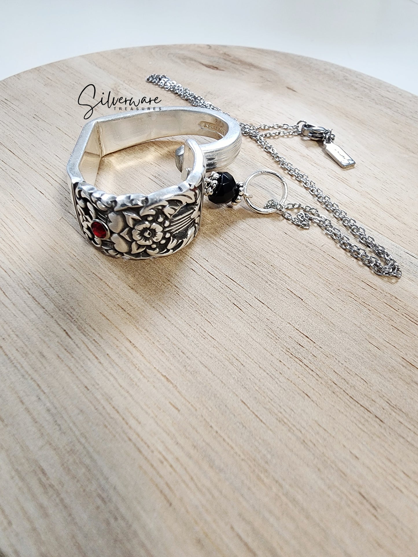 1936 'Coronation' Silverplate Heart with Ruby Crystal Rivet and Black Onyx Bead - Custom Order