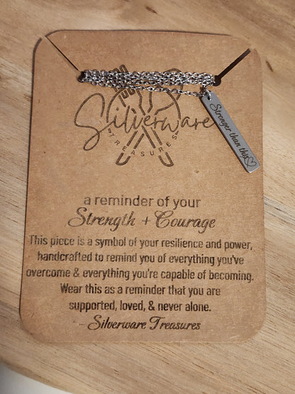 Strength + Courage Pendant Necklace Featuring "Stronger than this♡" Engraving and Resilience Poem (medium card)