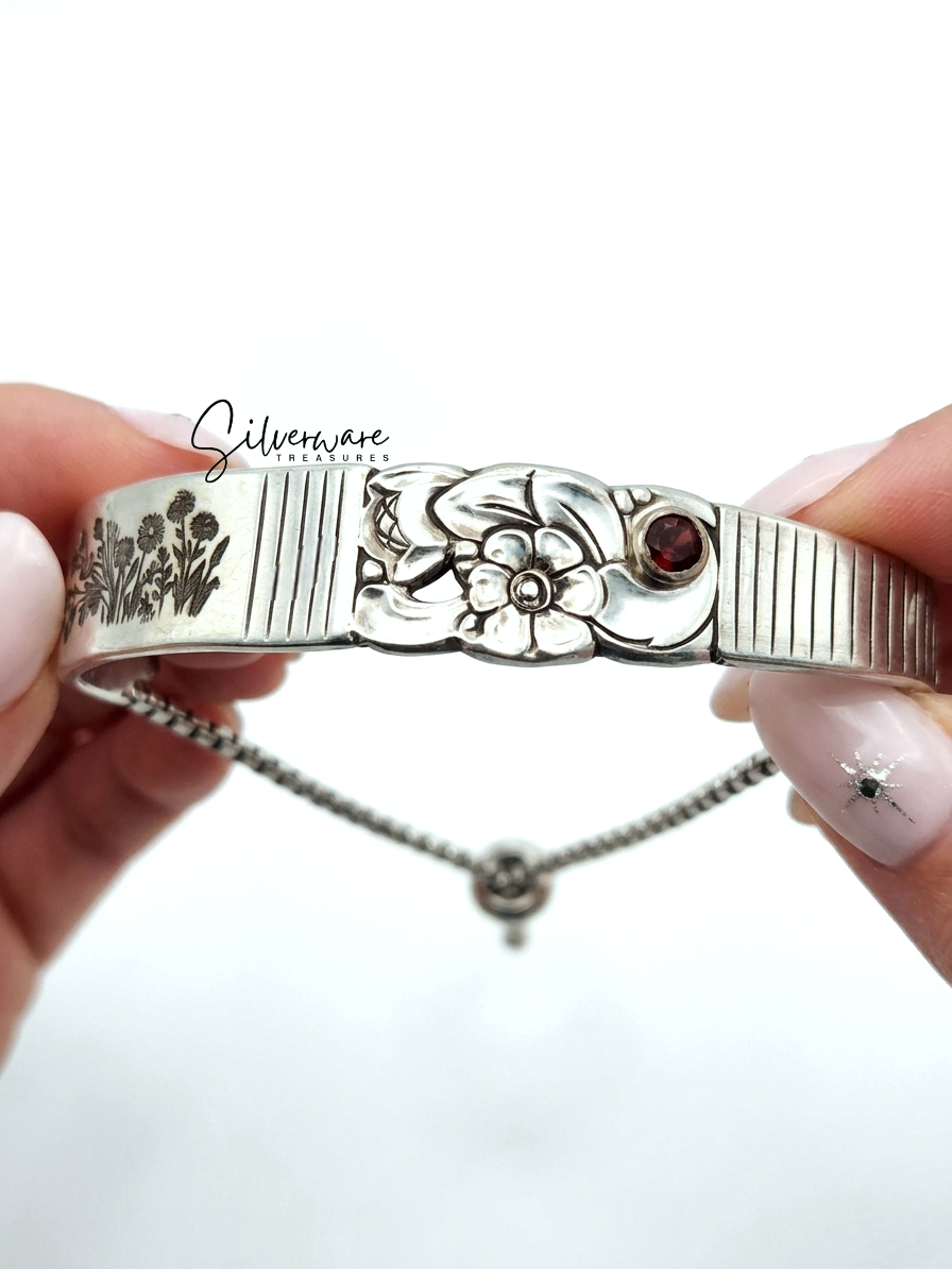 1948 'Morning Star' Silver-plated Bracelet featuring Crystal Rivet and Hand Drawn Wild Flower Engravings