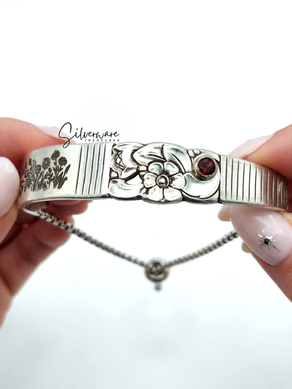 1948 'Morning Star' Silver-plated Bracelet featuring Crystal Rivet and Hand Drawn Wild Flower Engravings