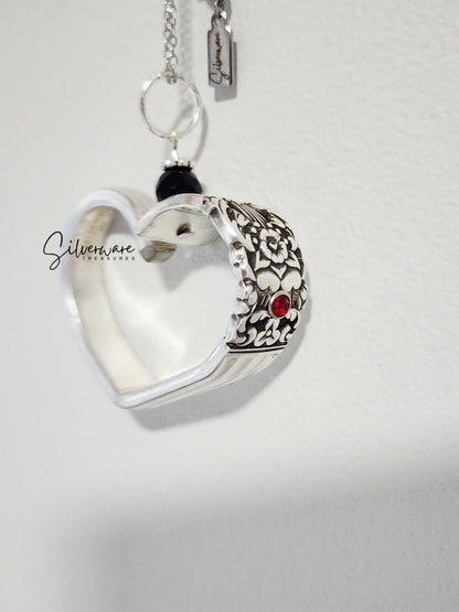 1936 'Coronation' Silverplate Heart with Ruby Crystal Rivet and Black Onyx Bead - Custom Order