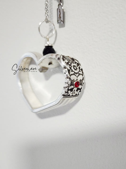1936 'Coronation' Silverplate Heart with Ruby Crystal Rivet and Black Onyx Bead - Custom Order