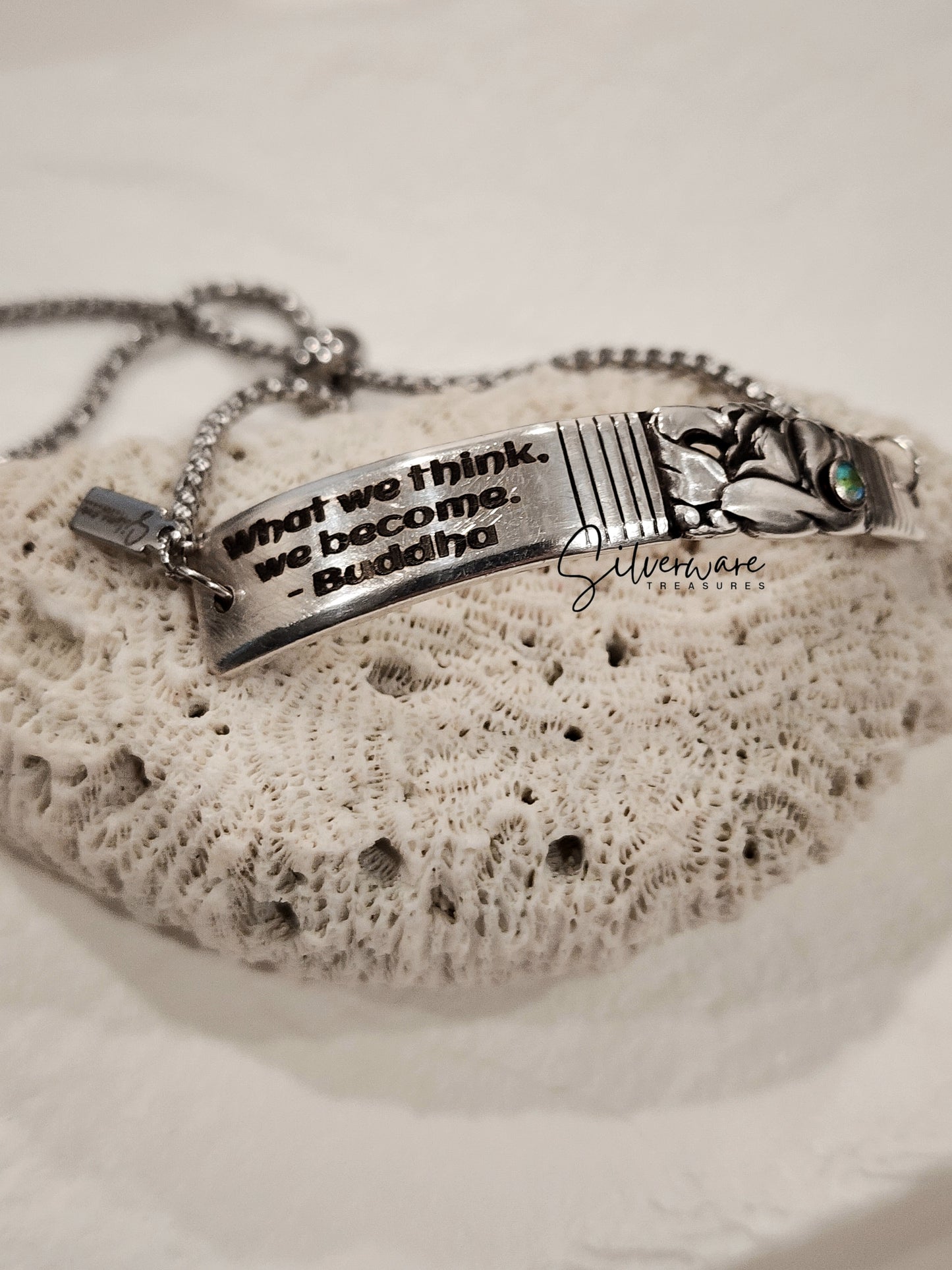 1948 'Morning Star' Silver-plated Bracelet Featuring Crystal Rivet & Engraved Buddha Quote