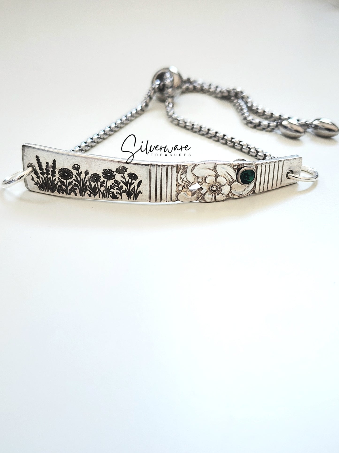 1948 'Morning Star' Silver-plated Bracelet featuring Crystal Rivet and Hand Drawn Wild Flower Engravings