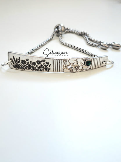 1948 'Morning Star' Silver-plated Bracelet featuring Crystal Rivet and Hand Drawn Wild Flower Engravings