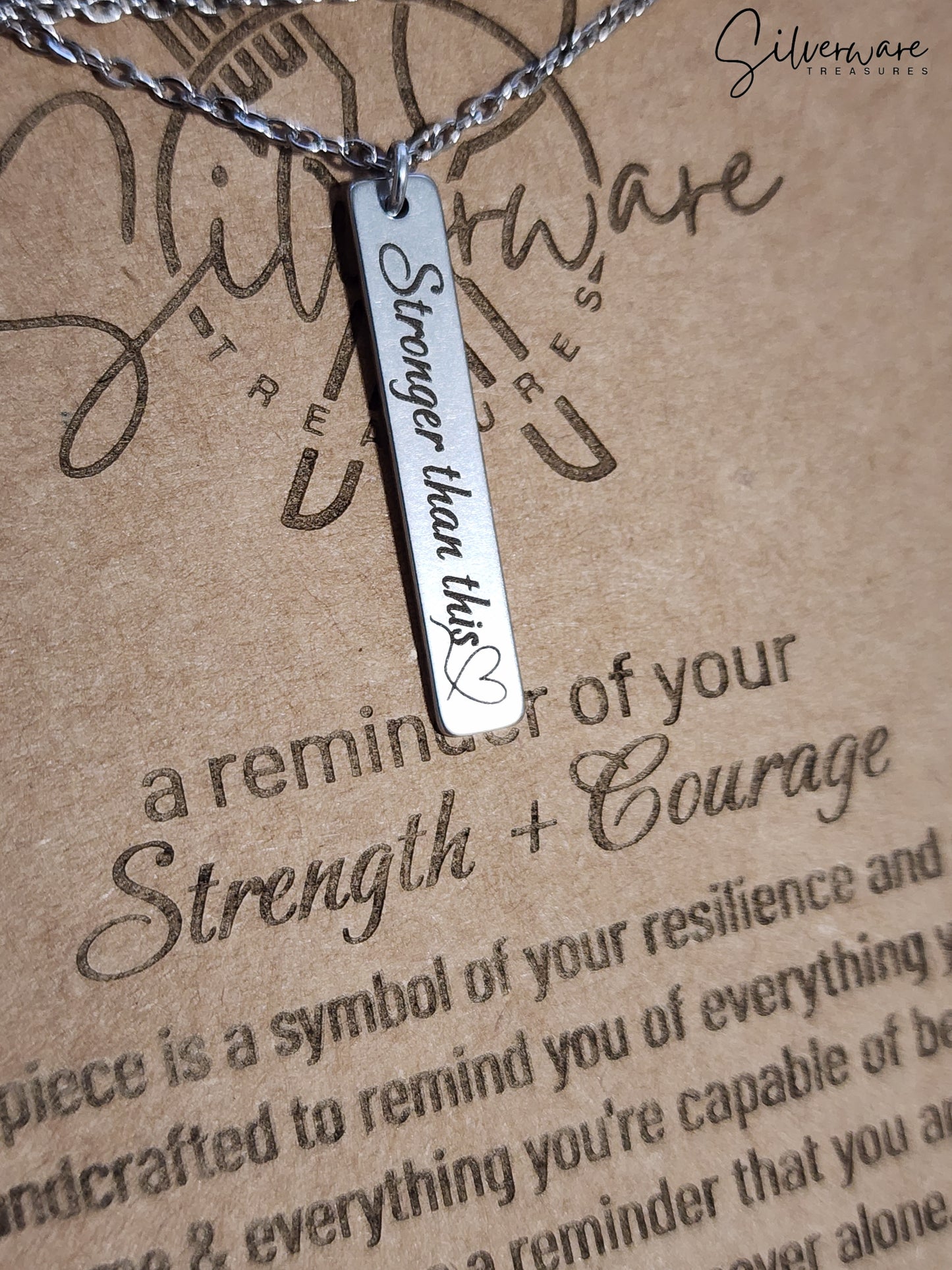 Strength + Courage Pendant Necklace Featuring "Stronger than this♡" Engraving and Resilience Poem (medium card)