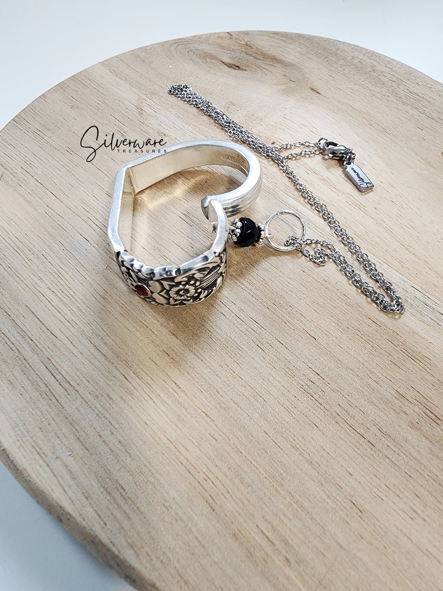 1936 'Coronation' Silverplate Heart with Ruby Crystal Rivet and Black Onyx Bead - Custom Order