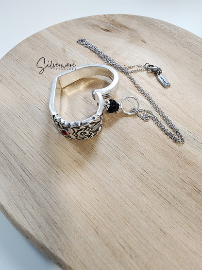 1936 'Coronation' Silverplate Heart with Ruby Crystal Rivet and Black Onyx Bead - Custom Order